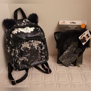 Halloween Cat Youth Wmn Sequin Backpack Glitter Fur Ears Bowtie Tail Blk Silver